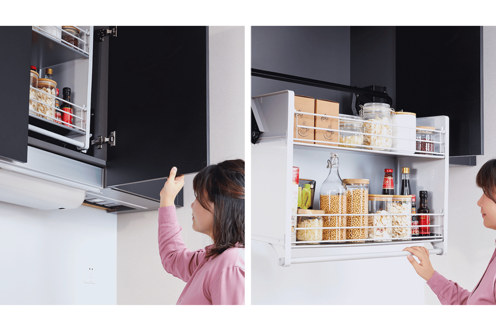 「降ろせる収納」でキッチン上の棚をもっと便利に!ダイドーの【エレベスイング】