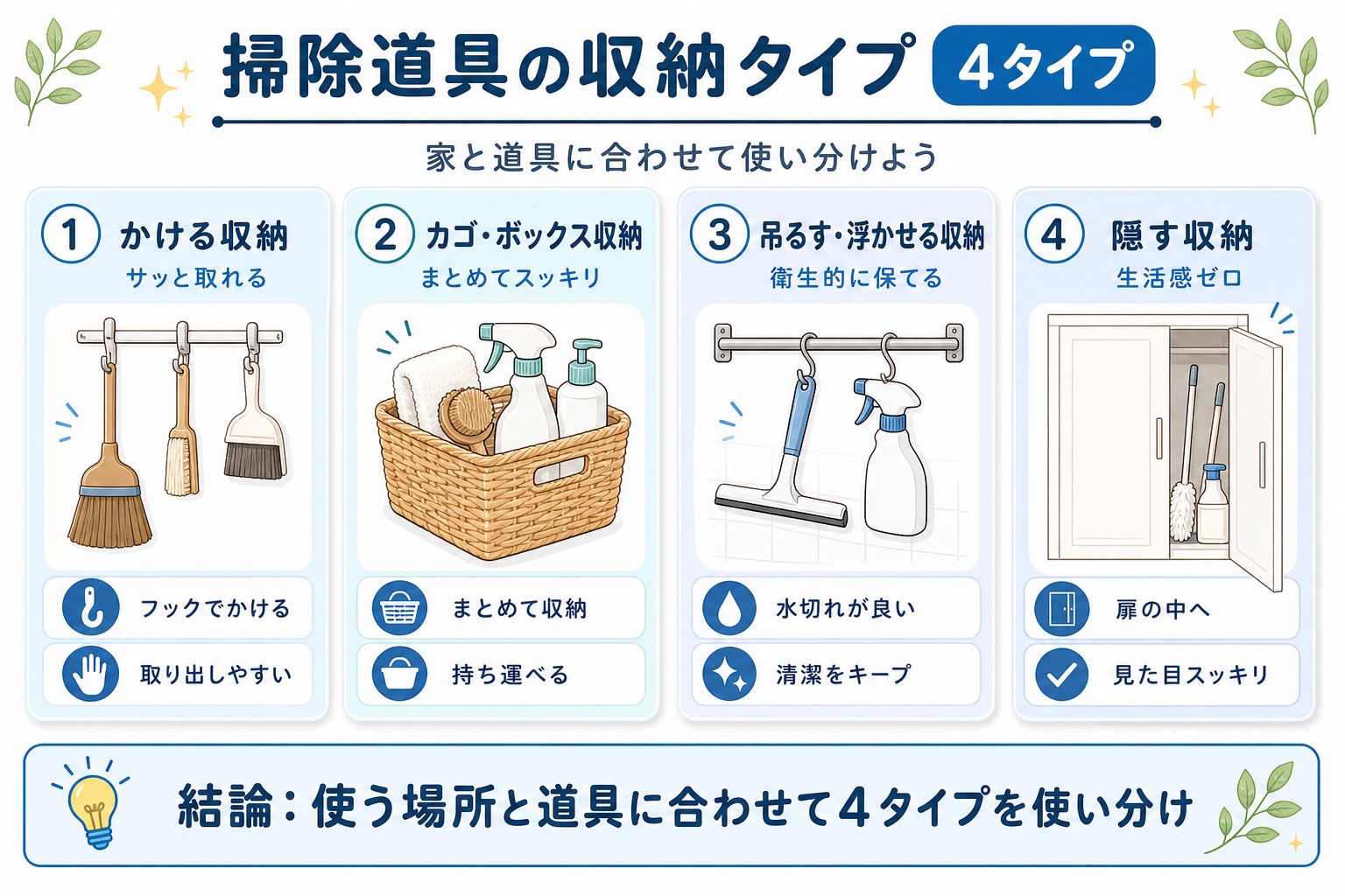 掃除道具の収納タイプ４種の一覧図