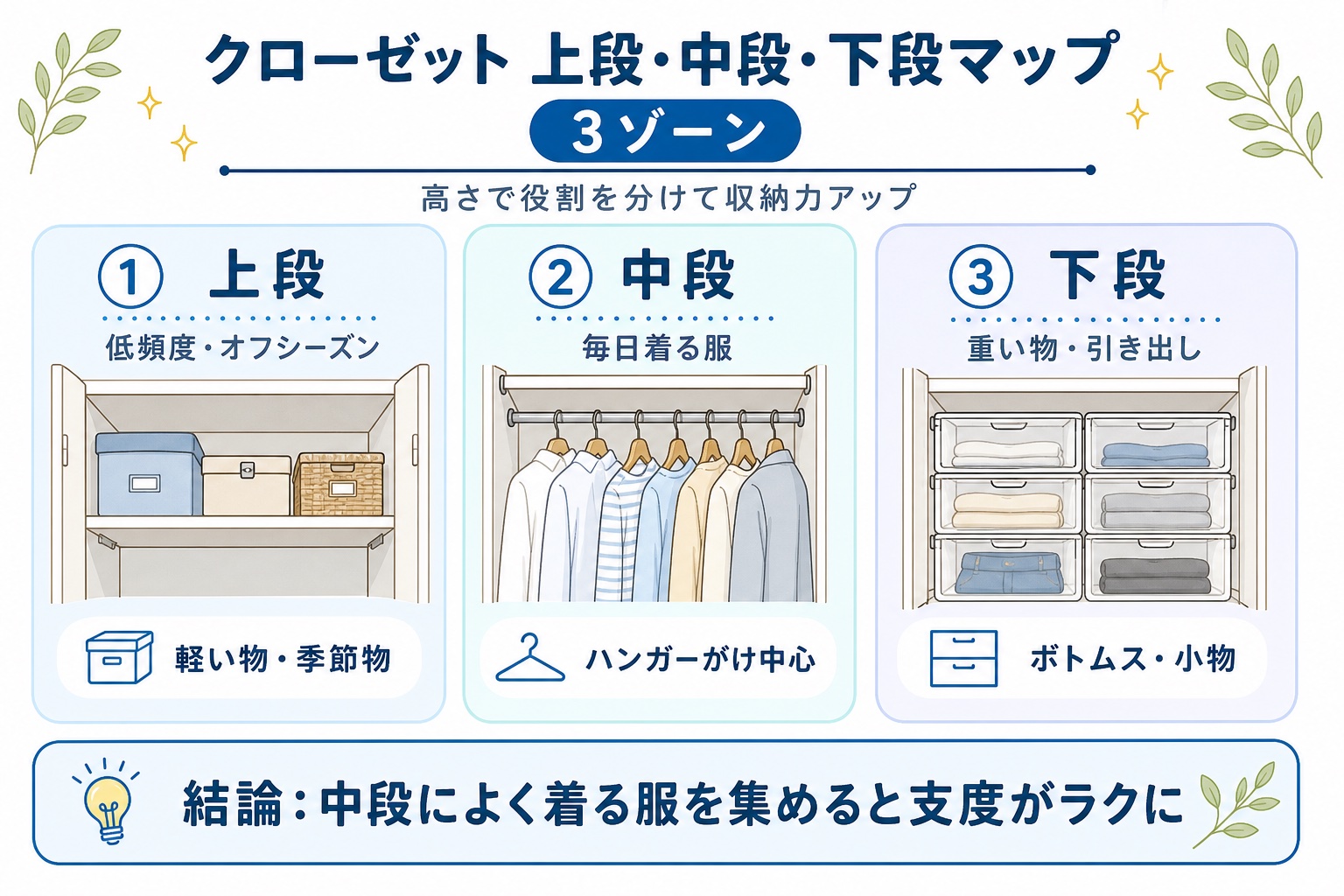 クローゼット内 上段・中段・下段の使い分けマップ
