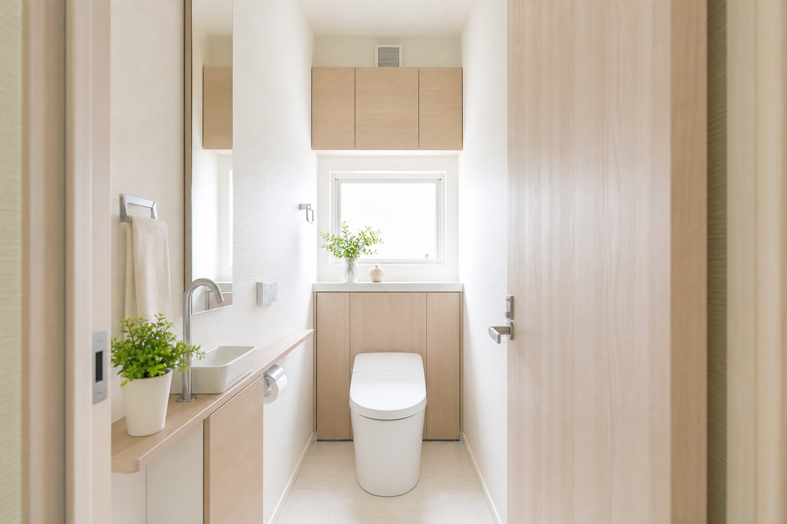 上部キャビネットのある明るく片付いたトイレ空間