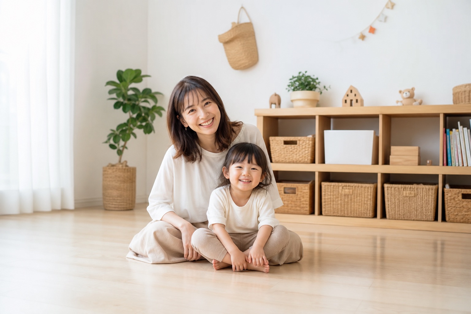 すっきり片付いた子ども部屋で遊ぶ親子