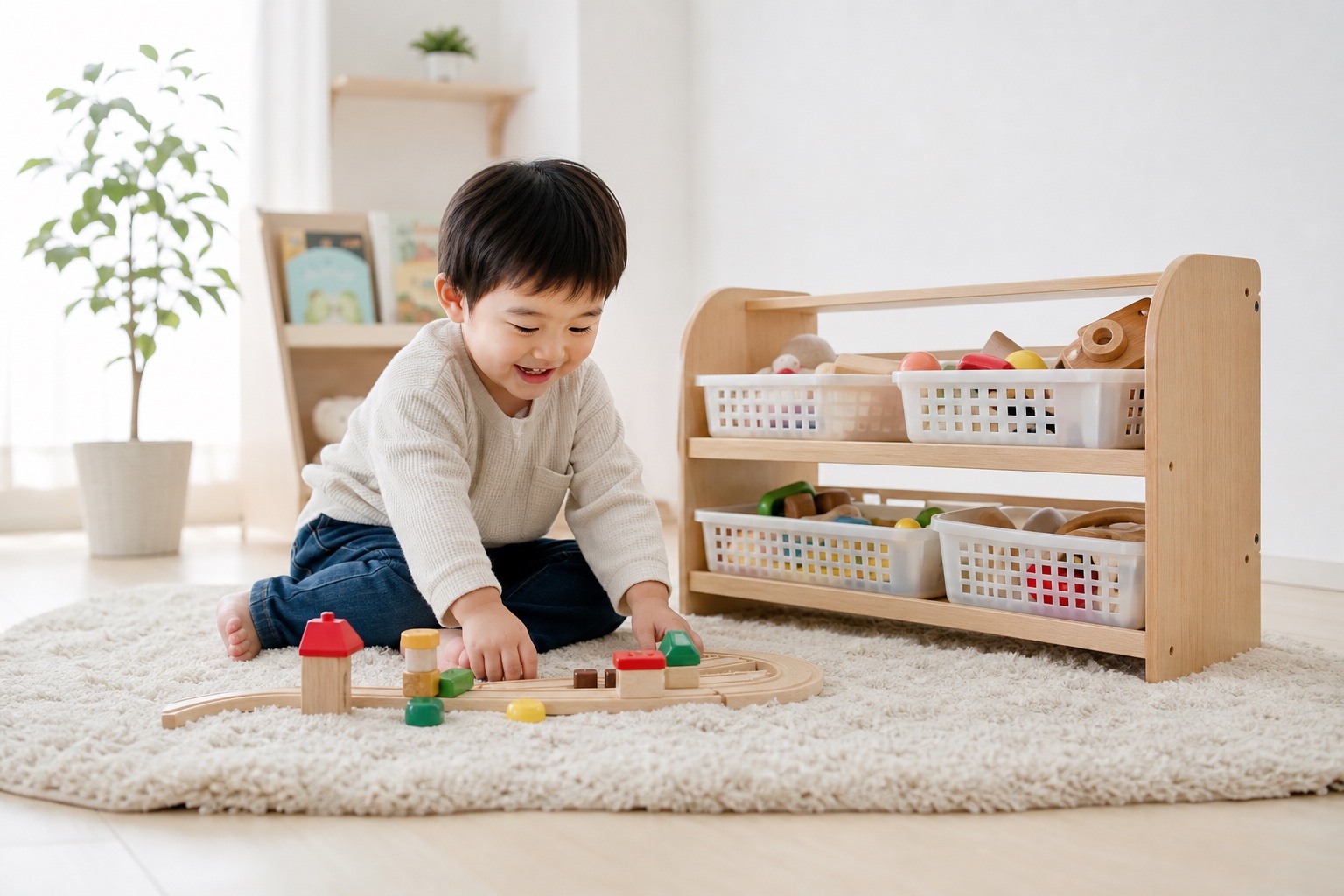 低いカゴ収納でおもちゃを片付ける未就学児