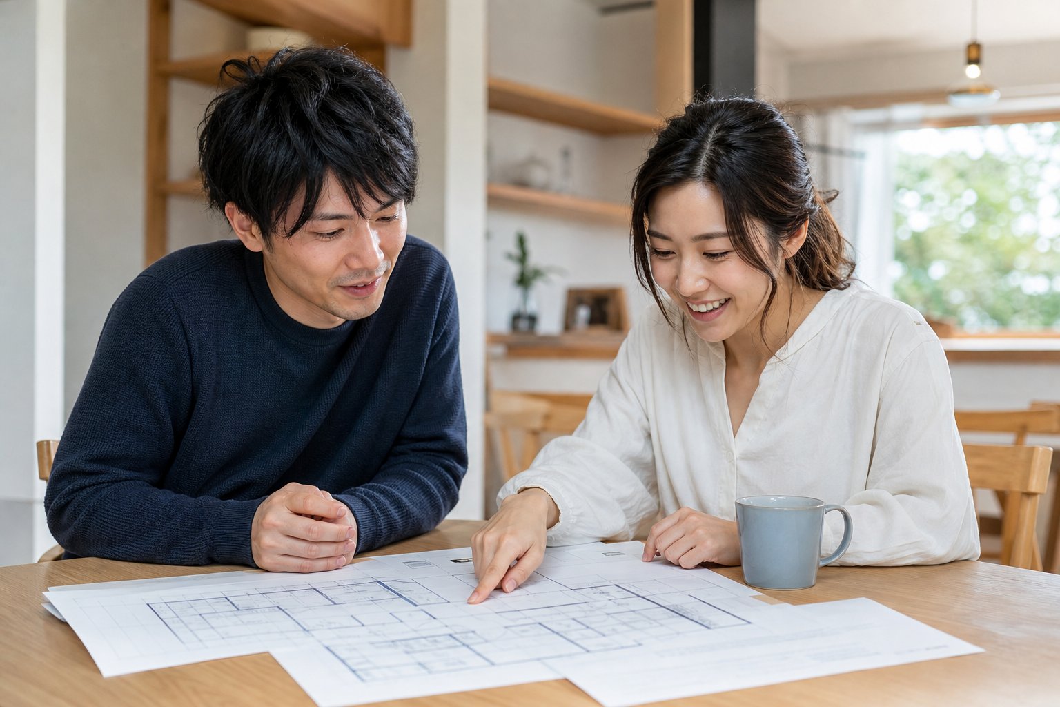 間取り図を見ながら相談する夫婦