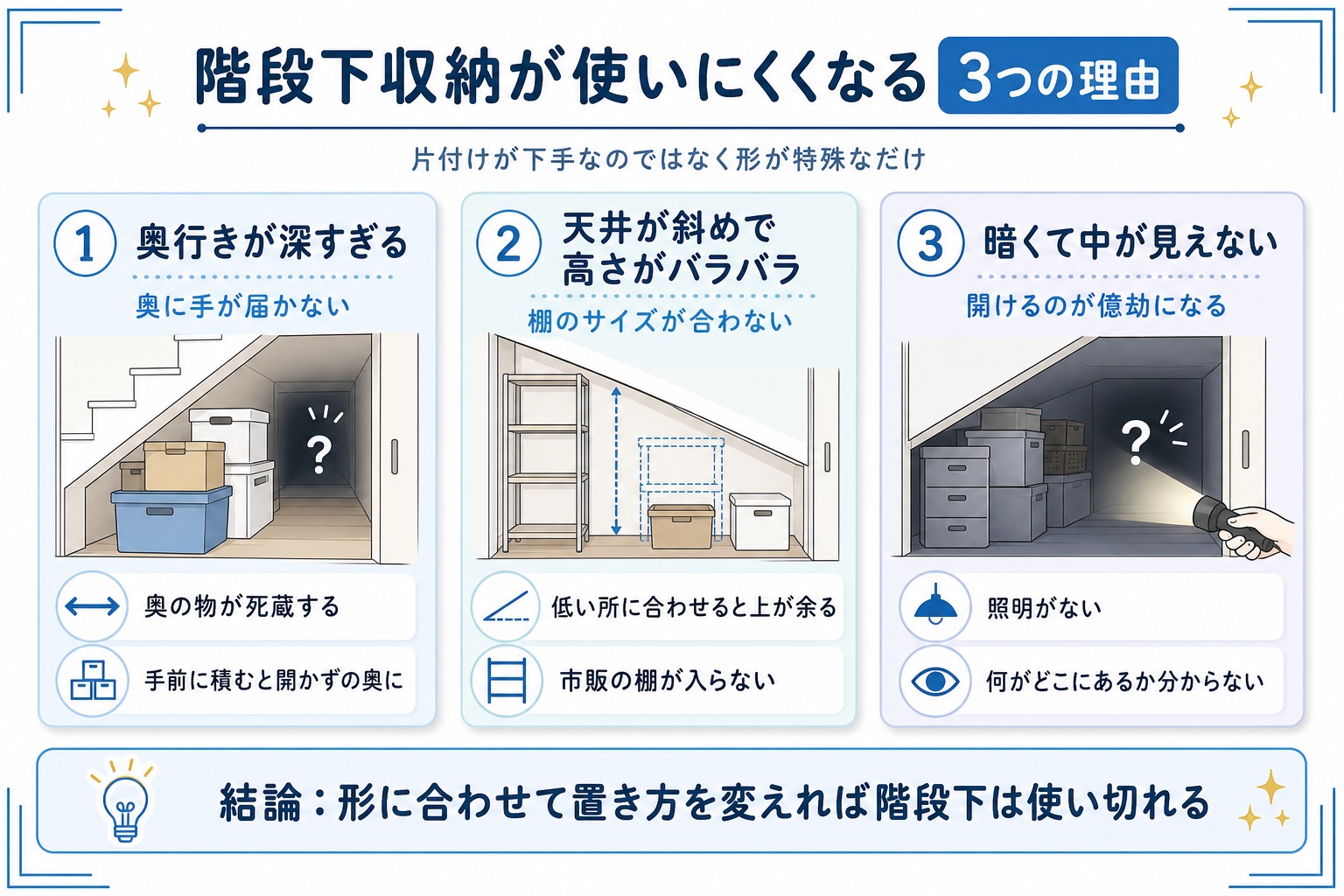 階段下収納が使いにくくなる3つの理由(奥行きが深い・天井が斜め・暗い)