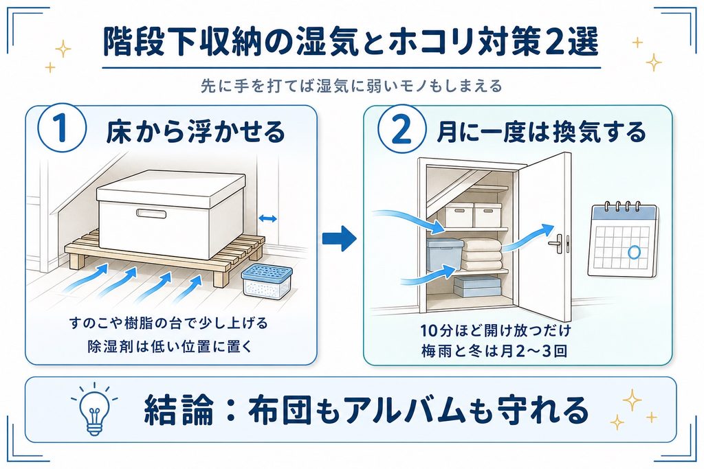 階段下収納に入れてはいけないモノと湿気・ホコリ対策2選