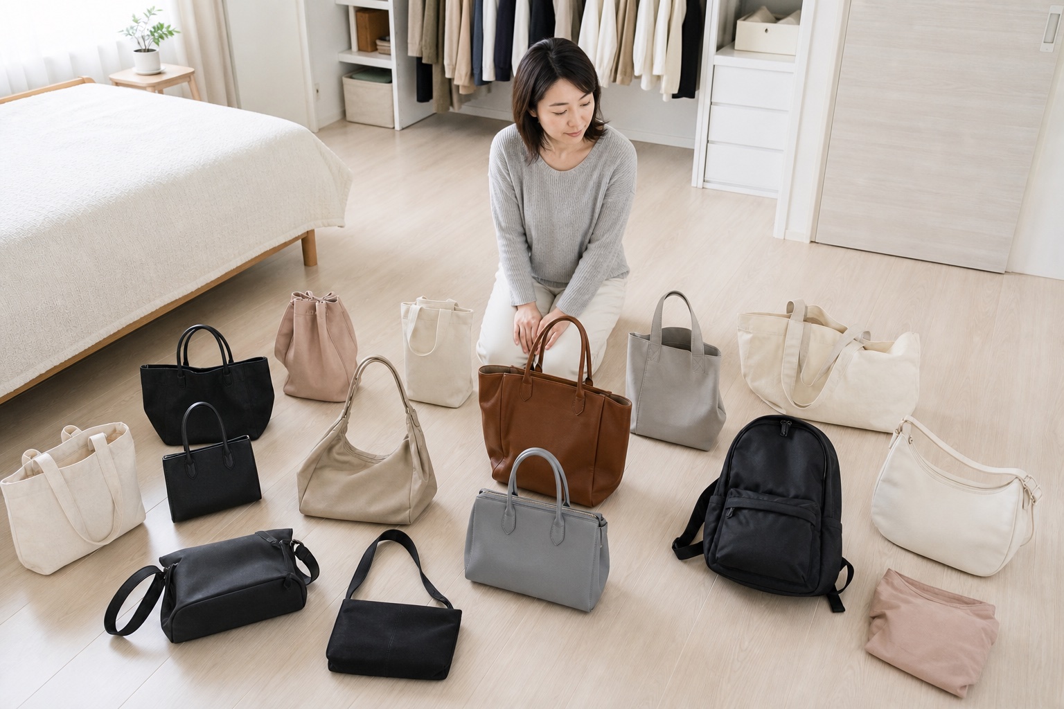 持っているカバンをすべて床に並べて見直す女性