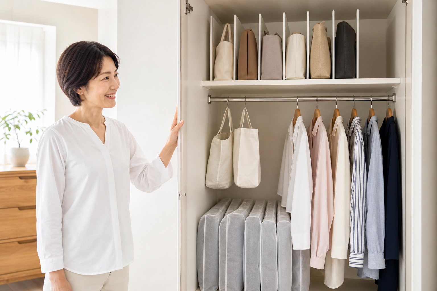 開いたクローゼットの中の整ったカバン収納を見る女性