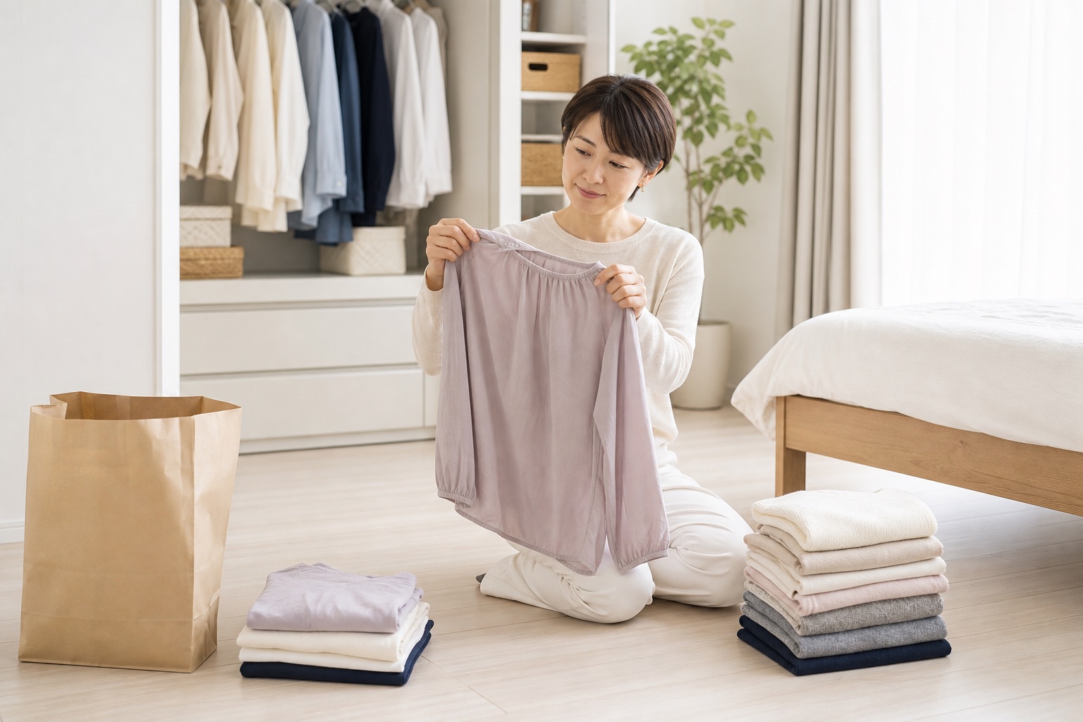 床に服を広げて残す服と手放す服に分ける女性