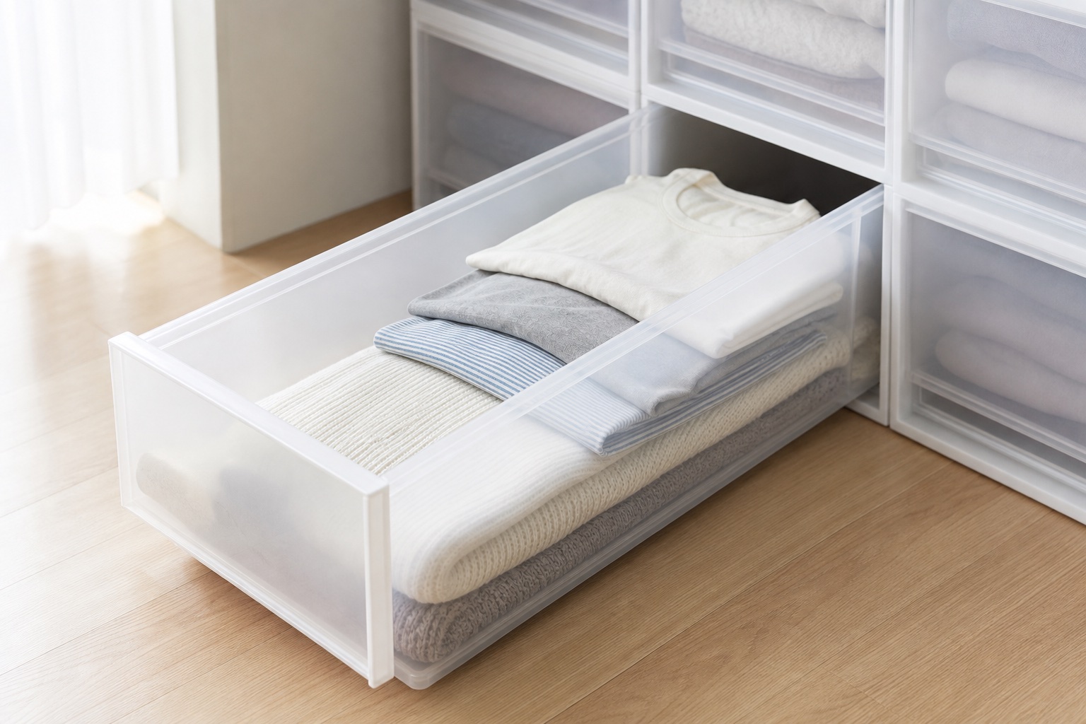 下に厚手のニット、上に薄手の服を入れて上部に余裕を残した衣装ケース