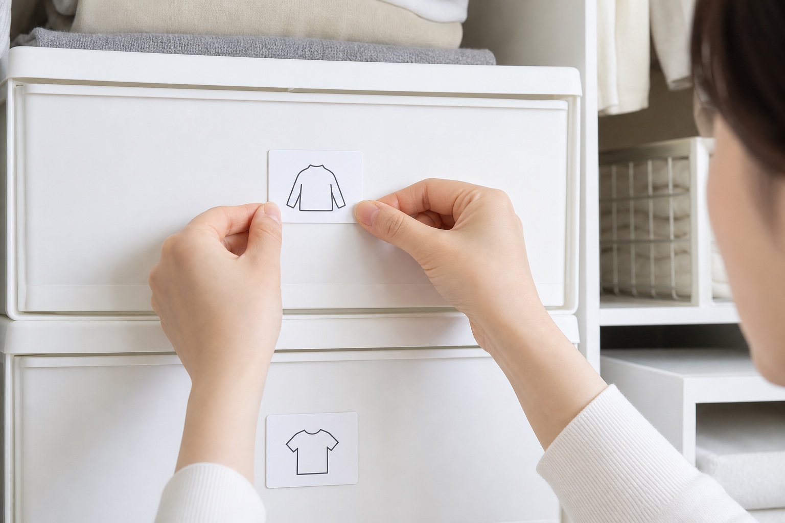衣装ケースの前面に服の絵のラベルを貼る手元