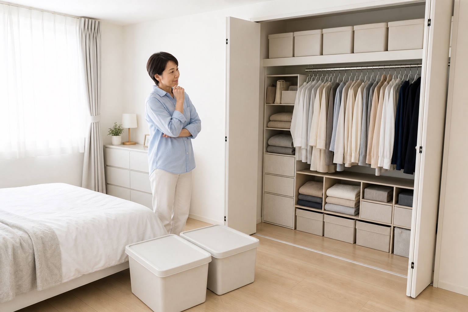 衣装ケースのしまい場所をクローゼットの前で考える女性