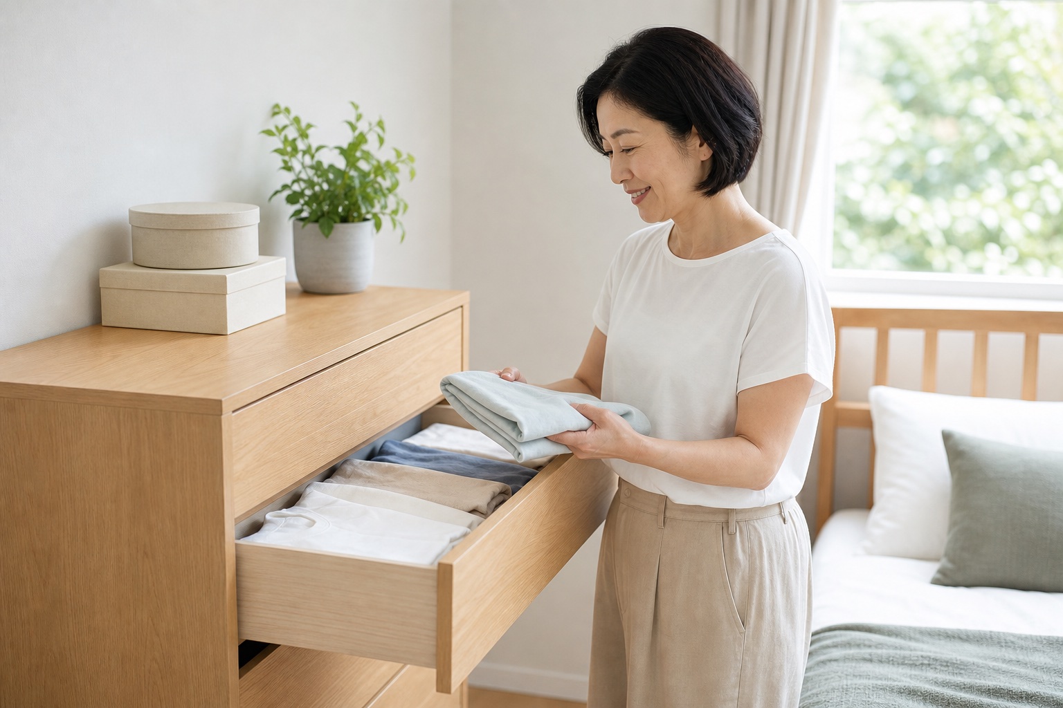 季節ごとに段を分けたチェストの引き出しから服を選ぶ女性