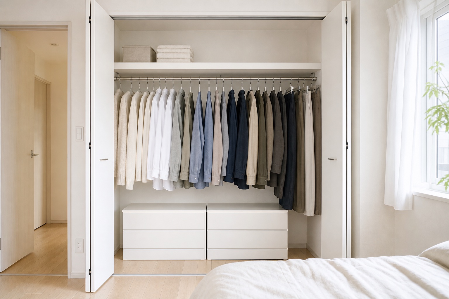 通年着られる服だけを余裕をもって掛けたクローゼット