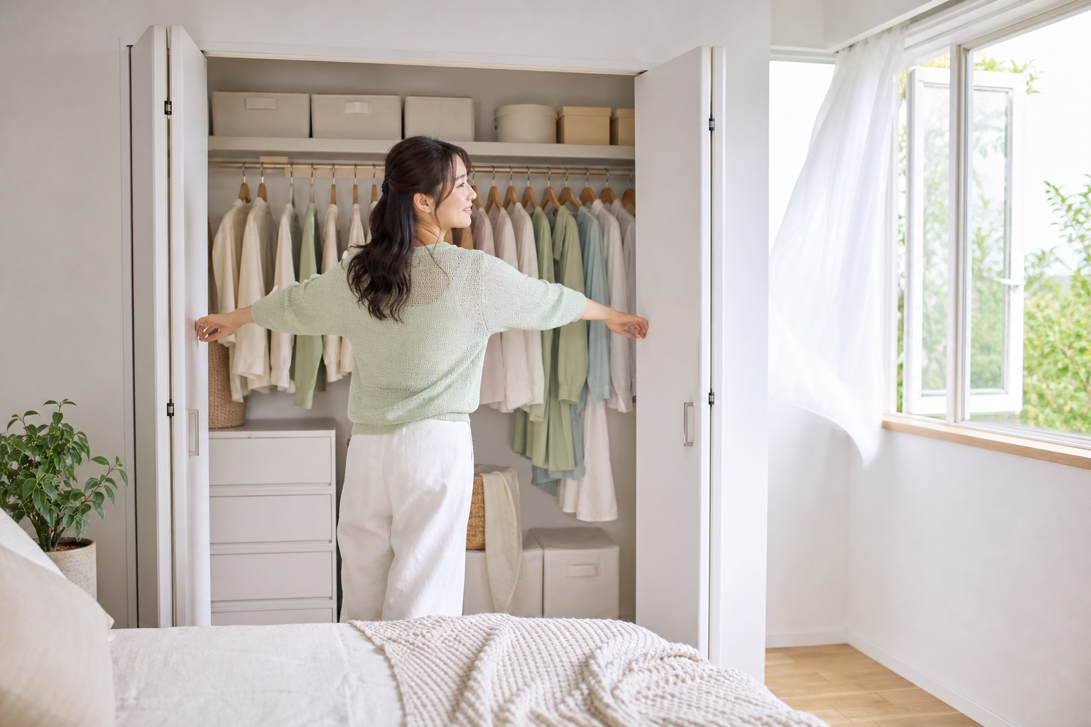 クローゼットの扉と窓を開けて換気する女性